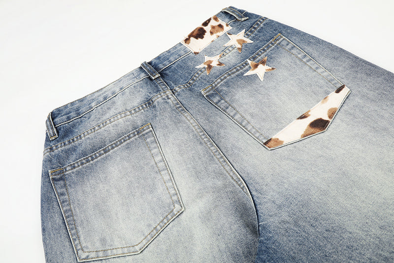 Jean baggy taille mi-haute – Denim délavé à jambes larges avec patchwork étoilé effet vache