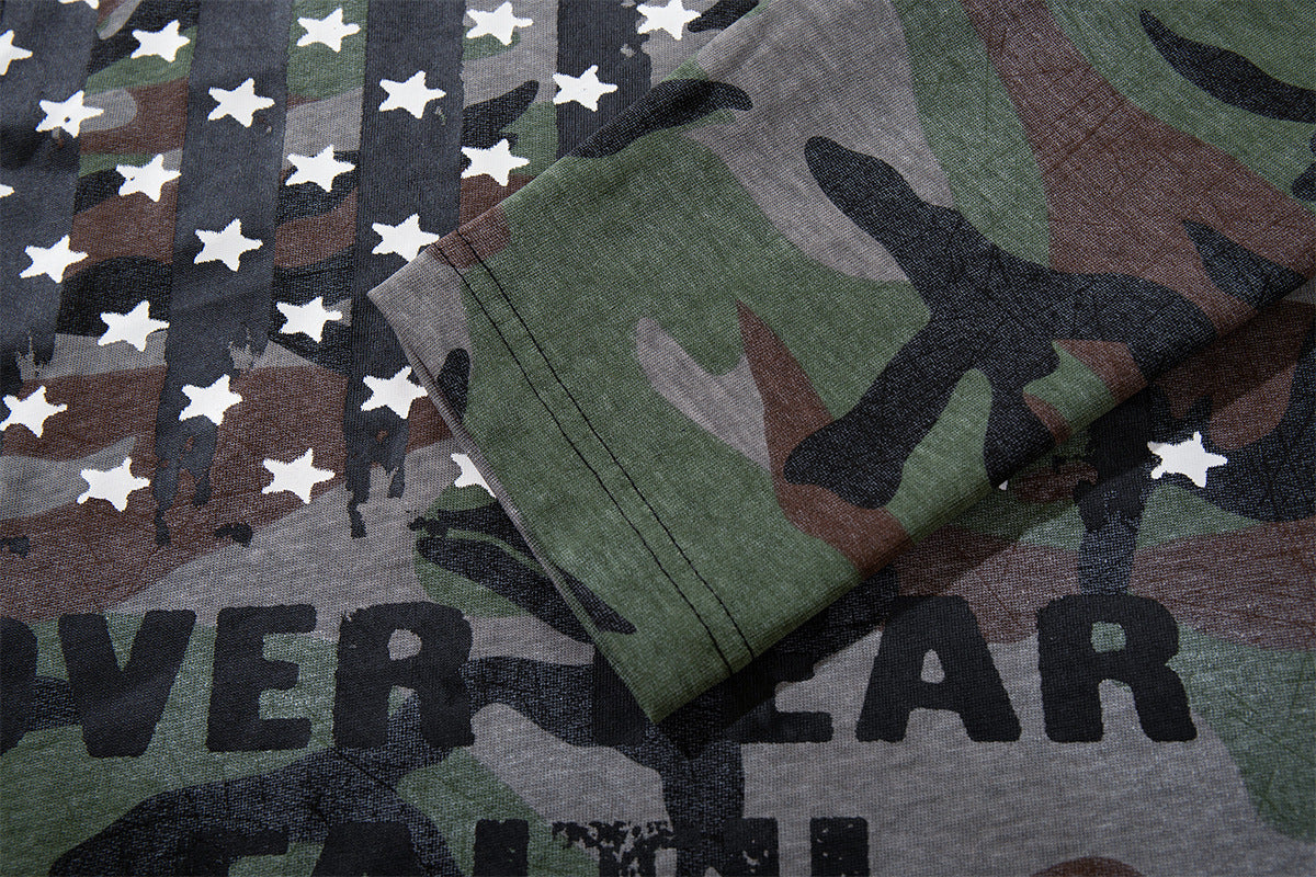 Long Sleeve Camo Graphic Tee – Cross & American Flag Stars Print, Crew Neck