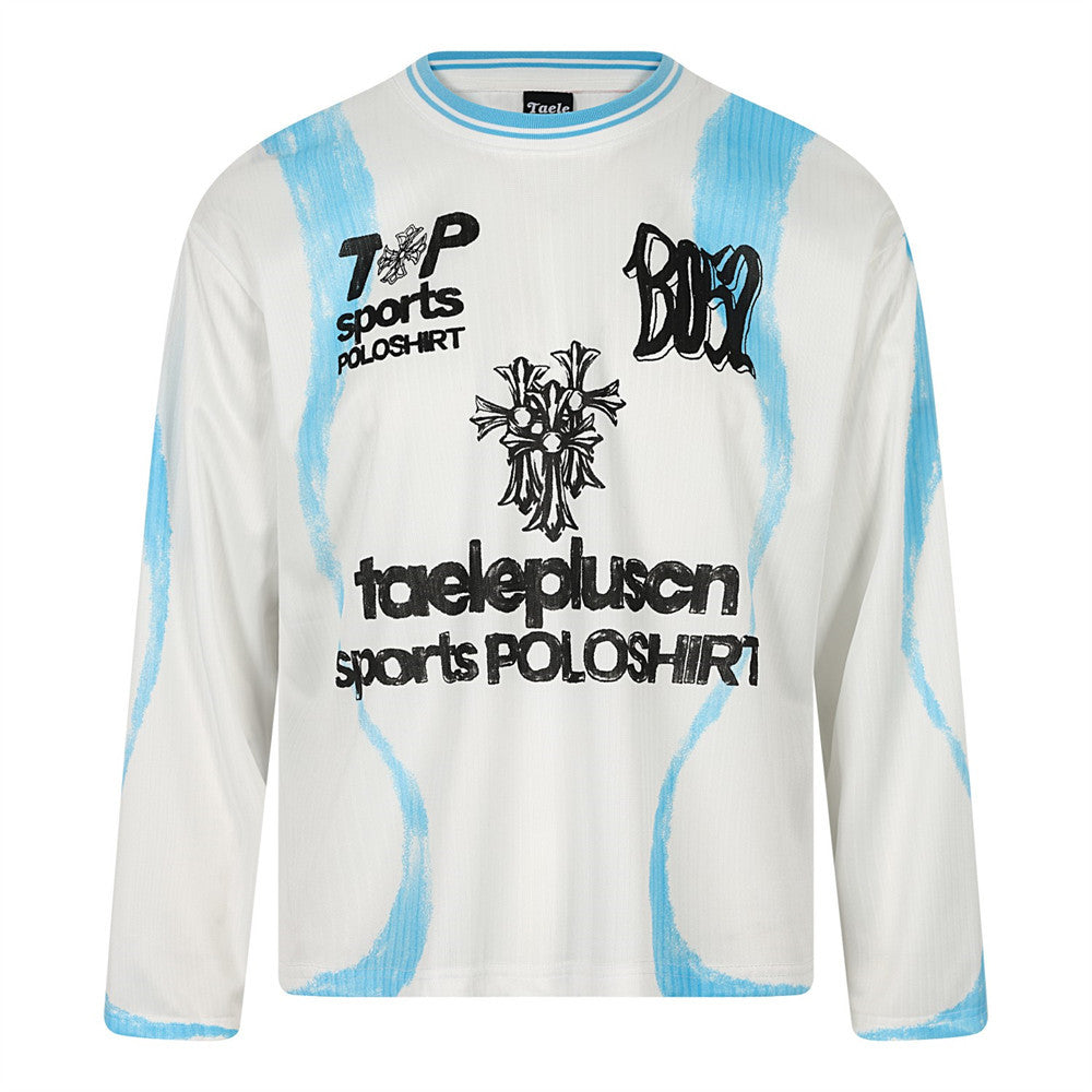 Oversized graffiti print long sleeve tee in blue-white with brushstroke streaks and BO52 lettering, front and back view