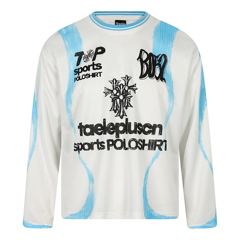 Oversized graffiti print long sleeve tee in blue-white with brushstroke streaks and BO52 lettering, front and back view