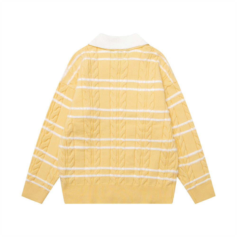 Gestreifter Zopfstrickpullover mit Polokragen – Cartoon-Hunde-Jacquard