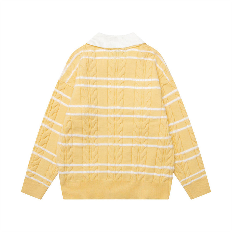 Gestreifter Zopfstrickpullover mit Polokragen – Cartoon-Hunde-Jacquard