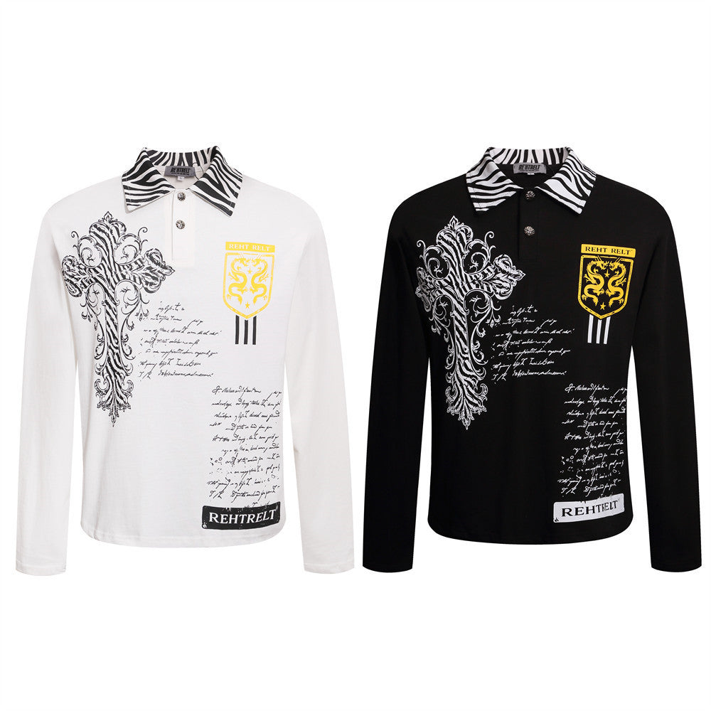 Men's Long Sleeve Polo Shirt with Baroque Cross Print & Zebra Collar