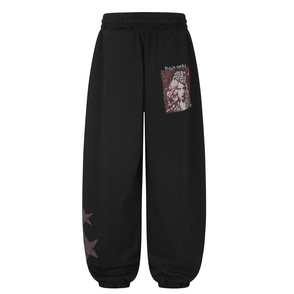 Sweatpants Men Black Wide-Leg Star & Graphic Print Hip-Hop Joggers