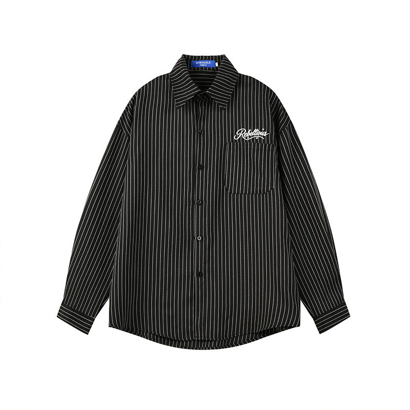 Stripe Long Sleeve Shirt with Rebellious Script Embroidery, Oversized Fit