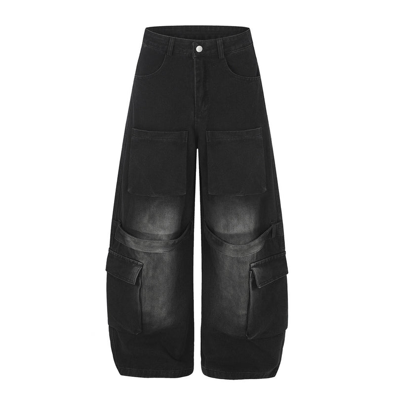 Men's baggy wide-leg cargo jeans in washed black denim with oversized multi-pocket detailing