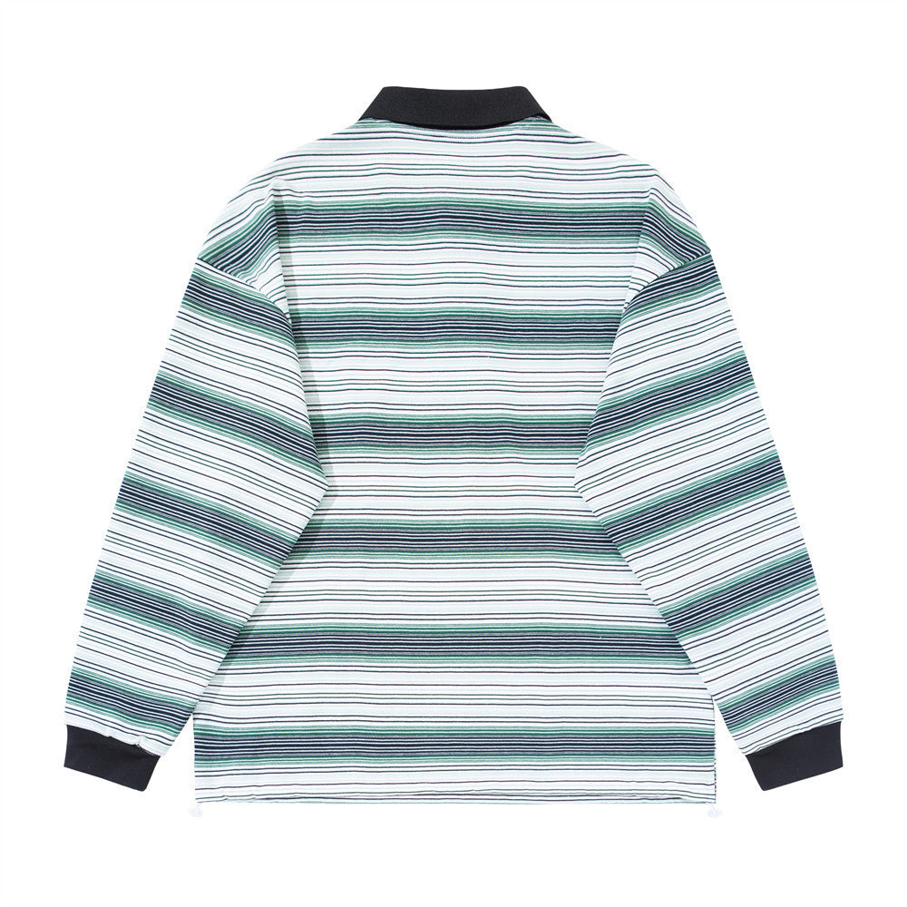 Men Striped Polo Shirt Long Sleeve Oversized Fit with Drawstring Hem