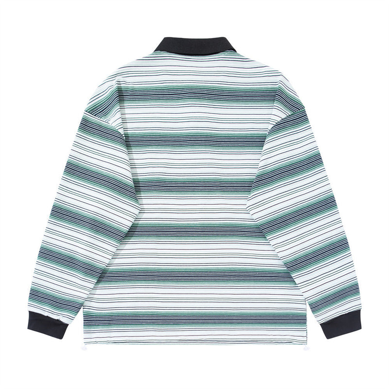 Men Striped Polo Shirt Long Sleeve Oversized Fit with Drawstring Hem