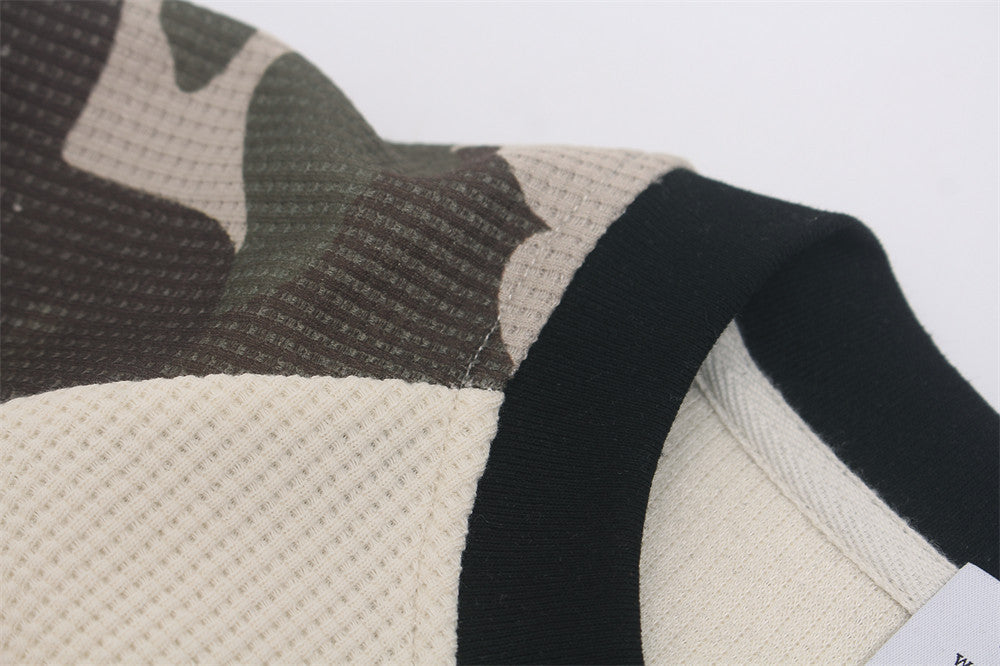 Long Sleeve Waffle Knit Shirt – Camo Raglan Sleeves & Graphic Print
