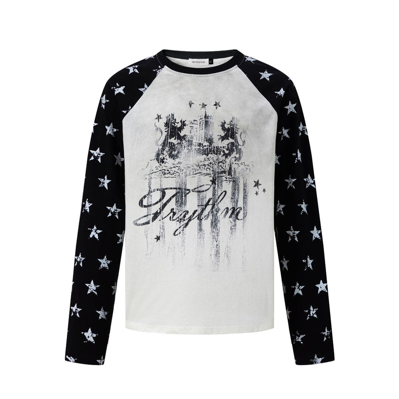 Long Sleeve Raglan Tee – Star-Print Sleeves & Vintage Heraldic Graphic