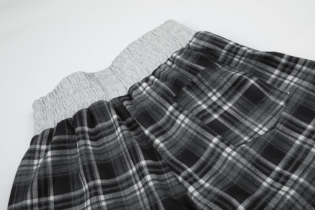 Plaid Wide-Leg Sweatpants with Drawstring Waist & Script Graphic
