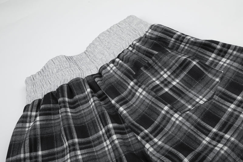 Plaid Wide-Leg Sweatpants with Drawstring Waist & Script Graphic