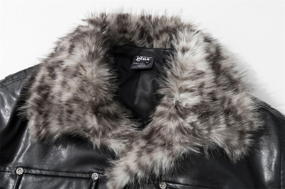 Chaqueta de piel sintética PU negra para hombre con cuello y borde de pelo sintético