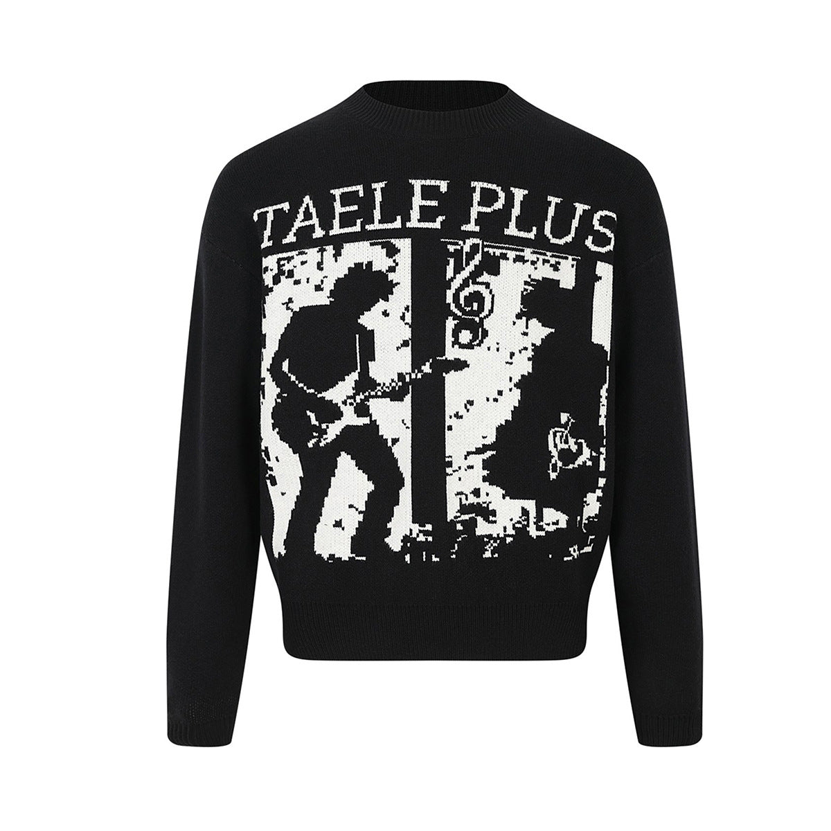 Black crew neck pullover sweater with white jacquard-knit rock guitarist and musical note graphic on the front