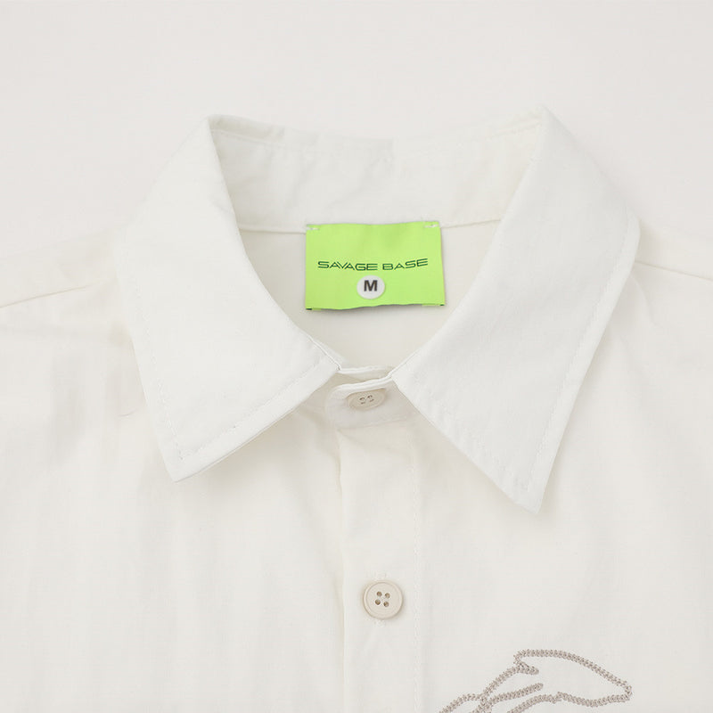 Abstract Figure Embroidered Short Sleeve Shirt – Oversized Casual Button-Up