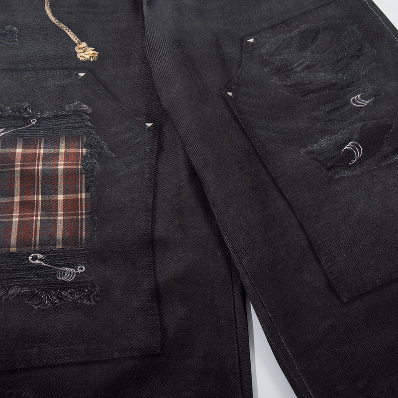 Wide-Leg Jeans with Faux Double Waistband, Rope Lace-Up & Distressed Patchwork