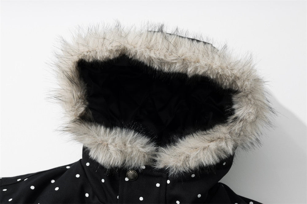 Bomberjacke mit Kapuze, Kunstfellbesatz und besticktem Schriftzug im Polka-Dot-Muster