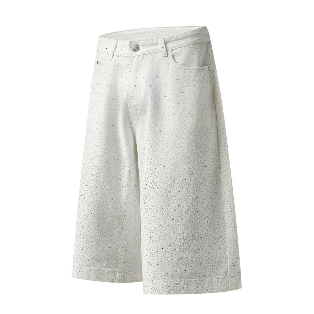 Wide-Leg Denim Shorts with Allover Rhinestone Detail – Men's Cropped Jean Shorts