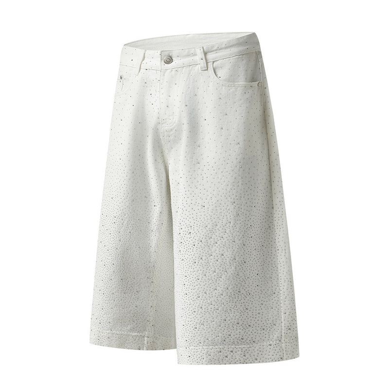 Wide-Leg Denim Shorts with Allover Rhinestone Detail – Men's Cropped Jean Shorts