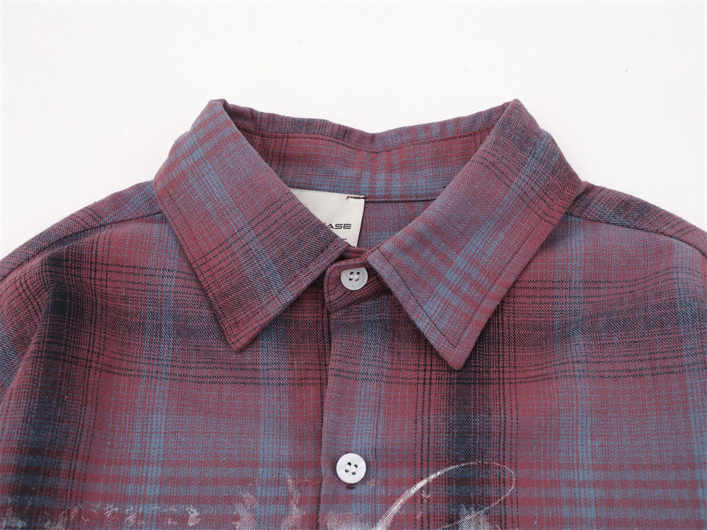 Oversized Button-Up Shirt Plaid Graffiti Print Long Sleeve