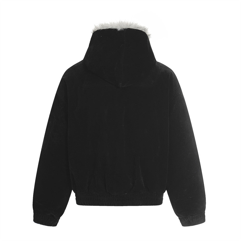 Faux Mink Fur-Trimmed Hooded Bomber Jacket with Toggle Clasps