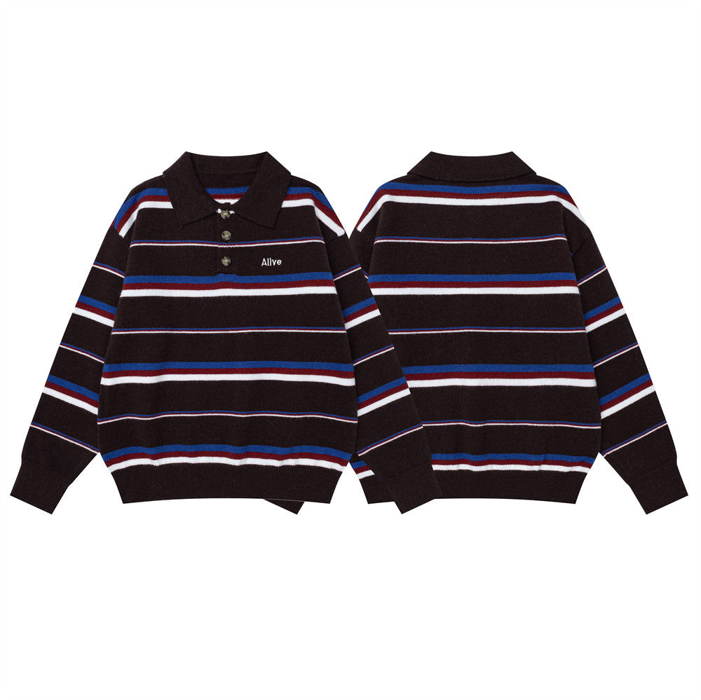 Men's Striped Polo Collar Knit Sweater – Relaxed Fit Long Sleeve