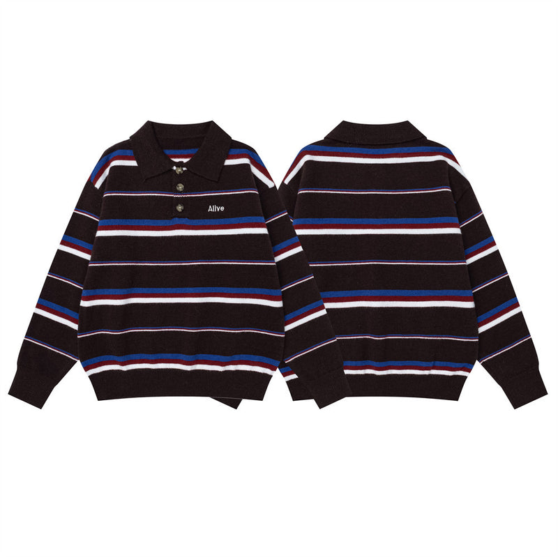 Men's Striped Polo Collar Knit Sweater – Relaxed Fit Long Sleeve