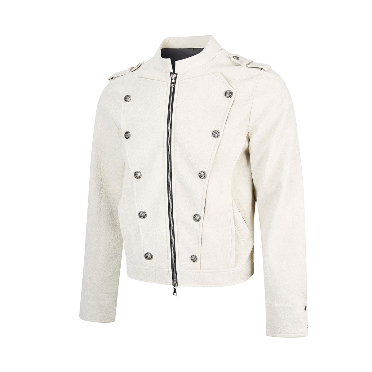 Military-Style Faux Leather Jacket with Double-Breasted Buttons & Zip Front