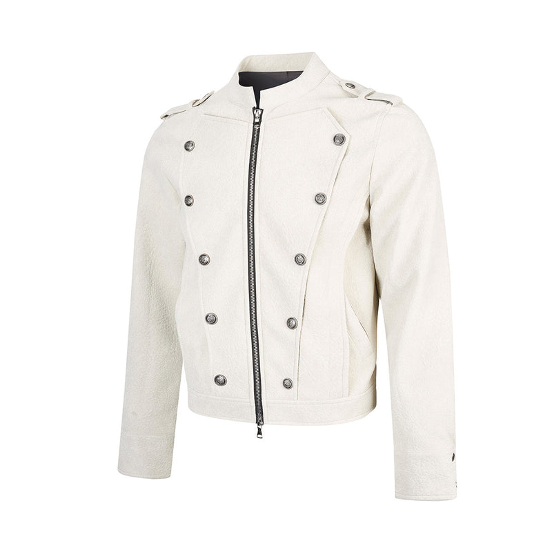 Military-Style Faux Leather Jacket with Double-Breasted Buttons & Zip Front