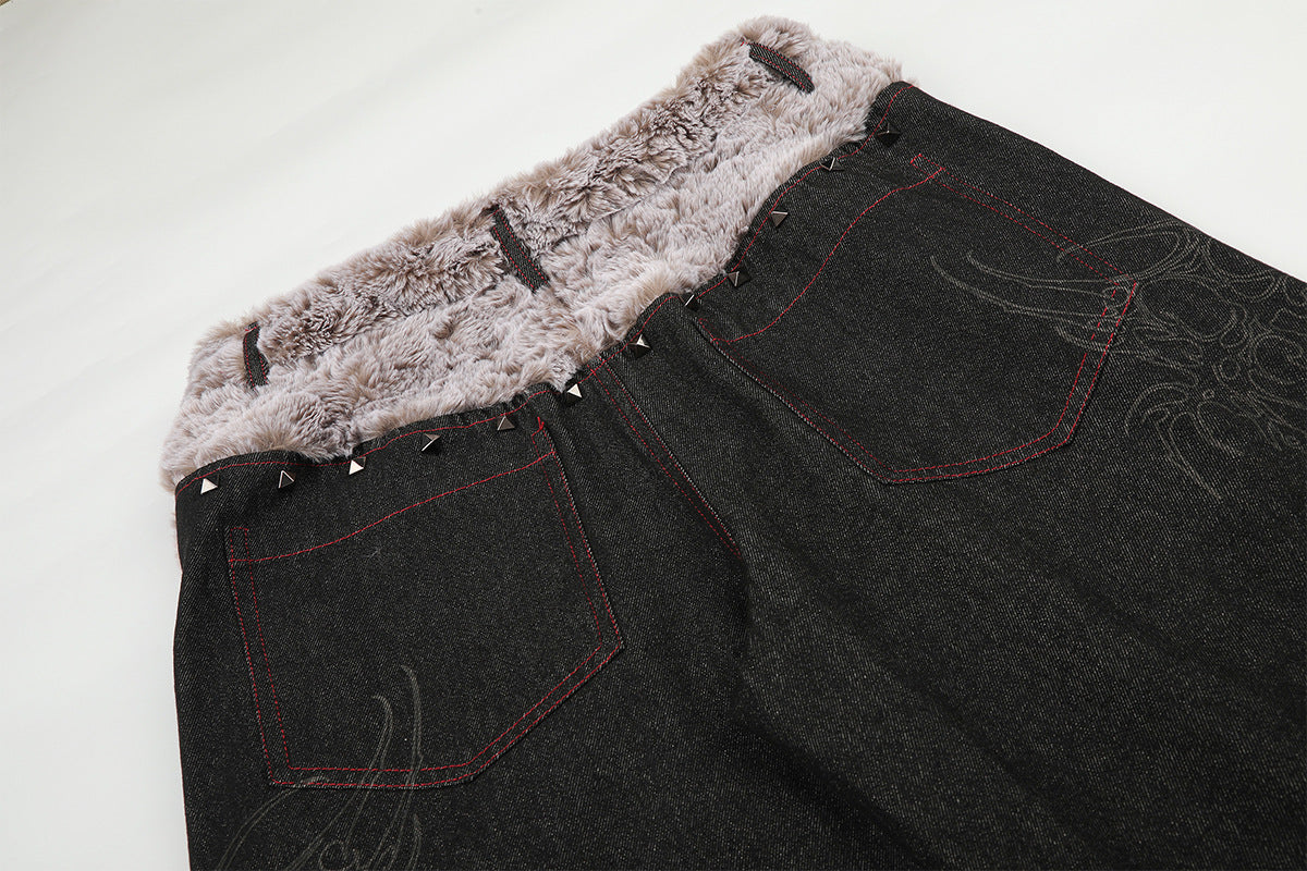Vaqueros baggy street style – Denim de pierna ancha con cinturilla plegable de sherpa y