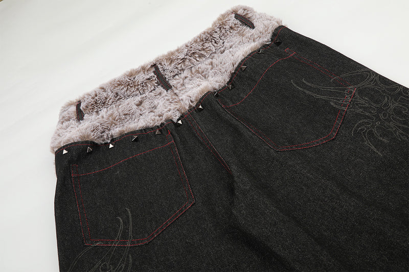 Vaqueros baggy street style – Denim de pierna ancha con cinturilla plegable de sherpa y
