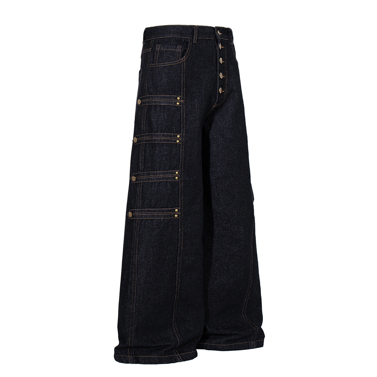 Military-Style Denim Jacket with Napoleon Stand Collar and Gold Star Buttons