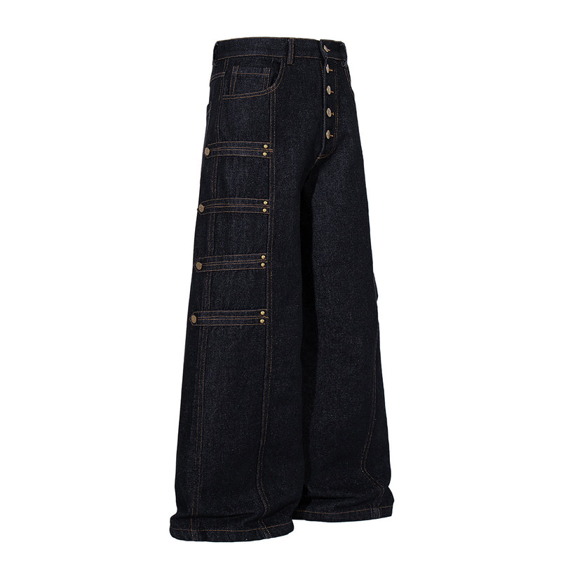 Military-Style Denim Jacket with Napoleon Stand Collar and Gold Star Buttons