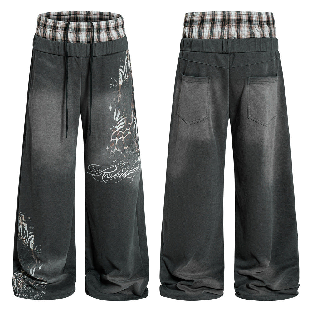 Wide Leg Sweatpants with Plaid Waistband & Animal Print Graphic