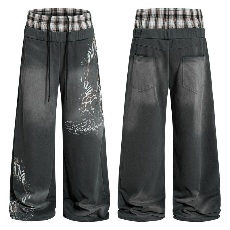 Wide Leg Sweatpants with Plaid Waistband & Animal Print Graphic