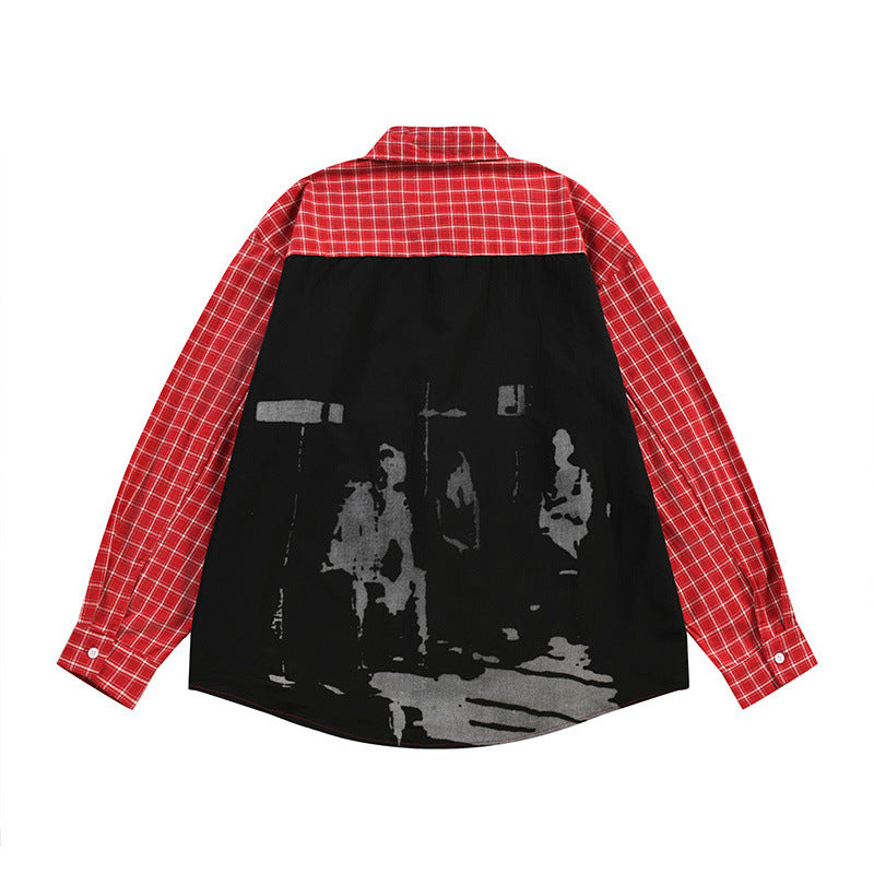 Plaid Patchwork Shadow Print Long Sleeve Shirt – Oversized Punk Street Style