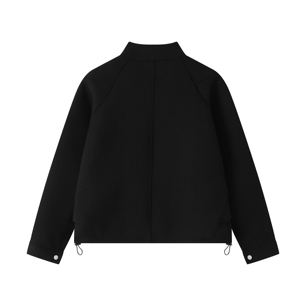 Stand Collar Zip-Up Jacket – Relaxed Fit with Drawstring Hem & Snap Detail