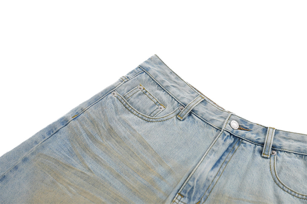 Distressed Denim Skirt Shorts – Layered Faux Two-Piece Wide-Leg Cut
