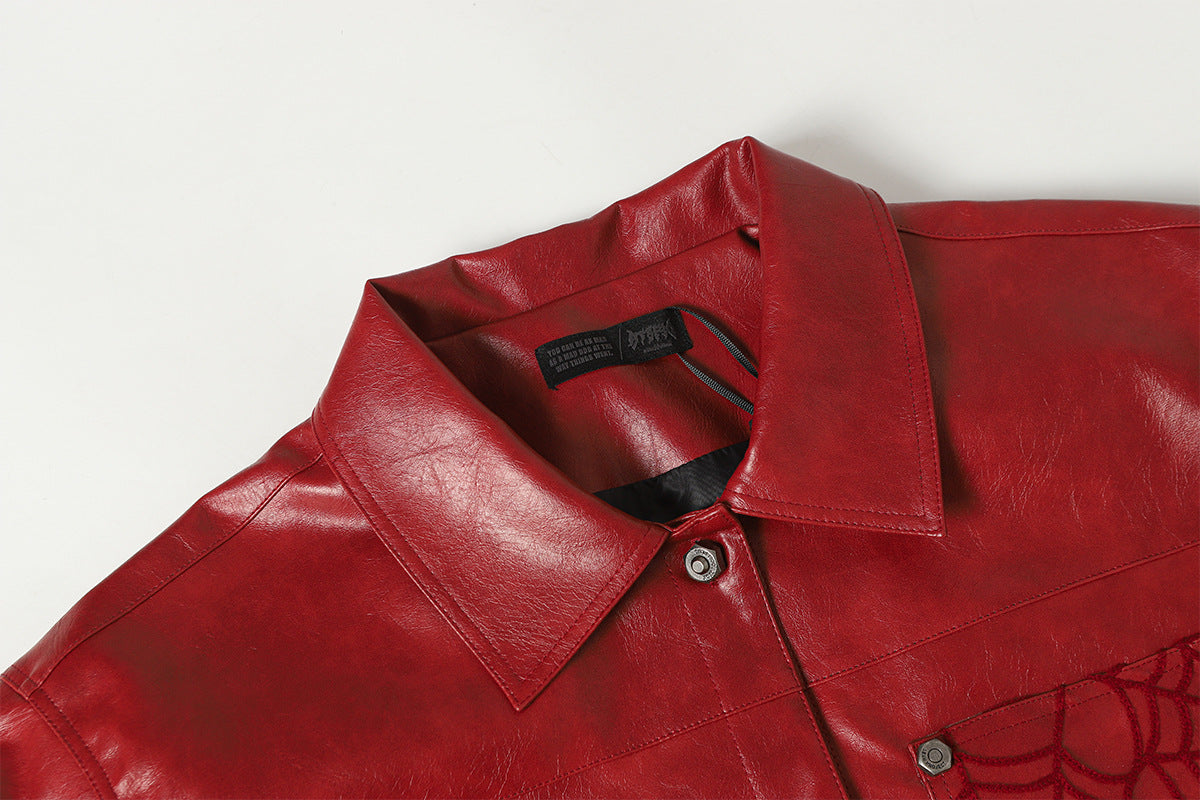 Spiderweb Embroidered PU Leather Jacket – Oversized Moto Fit