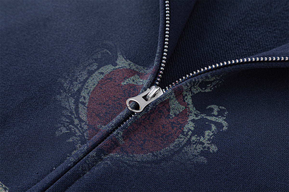 Sweat à capuche zippé avec motif chevalier vintage – Streetwear oversize délavé