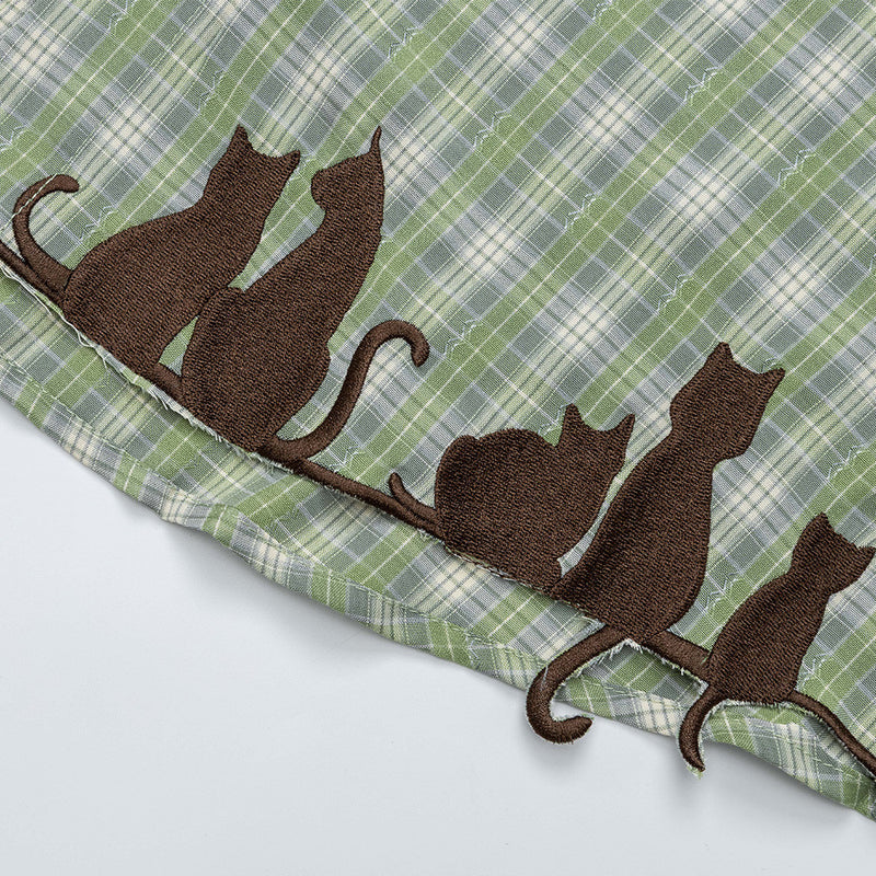 Grünes Karohemd für Herren mit Katzenstickerei – Oversized, Langarm, Button-down