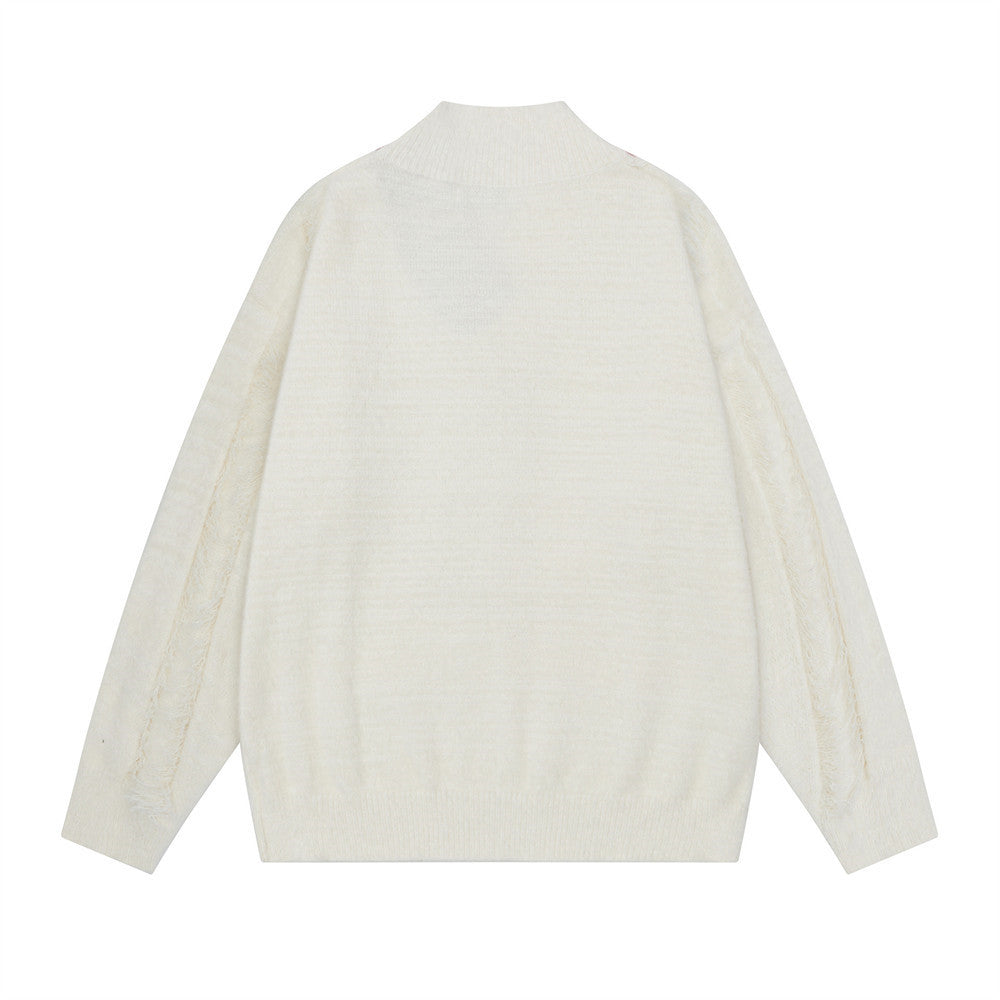 V-Neck Oversized Knit Sweater with Striped Scarf Detail
