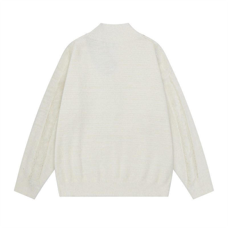 V-Neck Oversized Knit Sweater with Striped Scarf Detail
