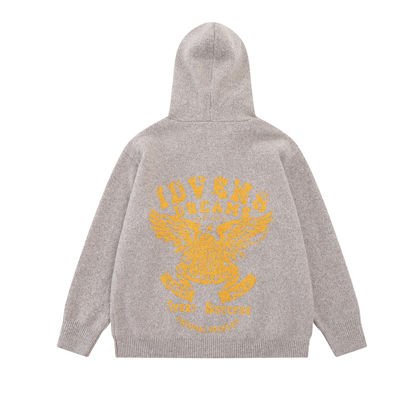 Knit Zip-Up Hoodie with Eagle Graphic Back — Relaxed Fit Streetwear Cardigan