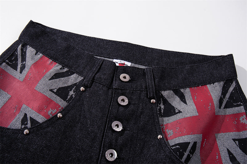 Wide-Leg Denim Jeans with Union Jack Print & Button Fly