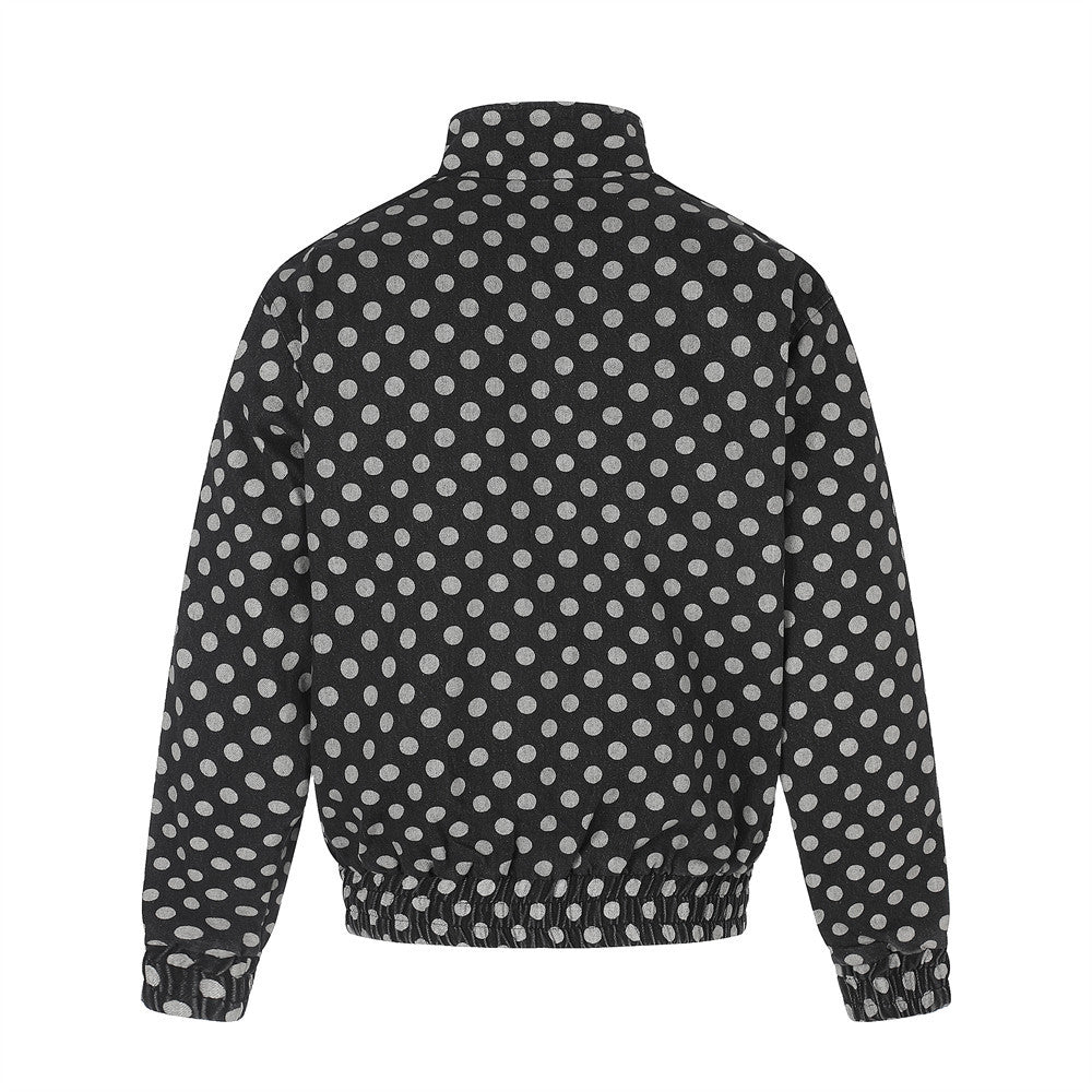 Men's Polka Dot Denim Track Jacket – Stand Collar Full-Zip Retro Streetwear