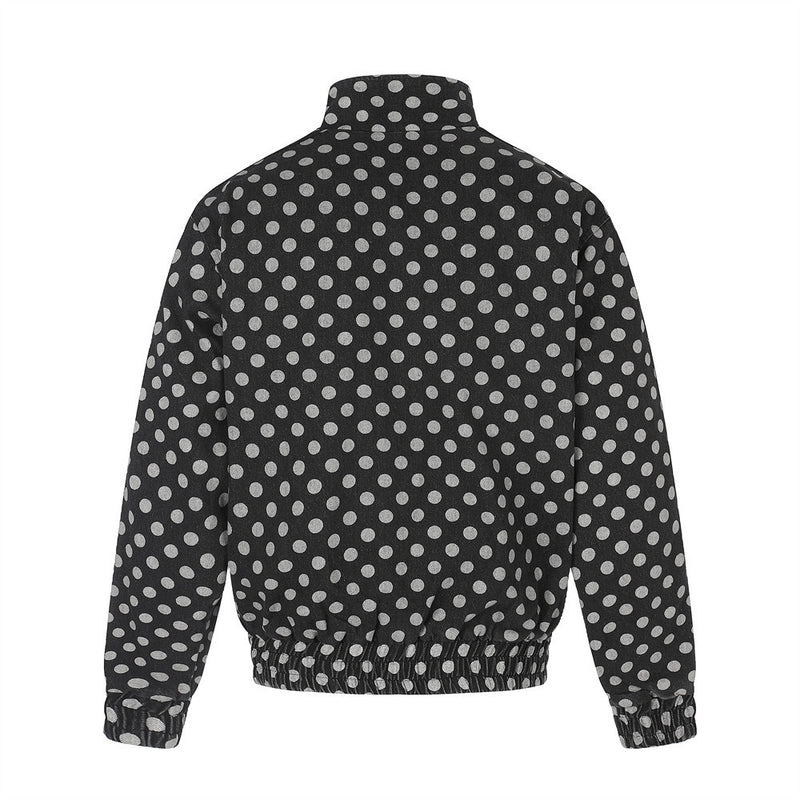 Men's Polka Dot Denim Track Jacket – Stand Collar Full-Zip Retro Streetwear