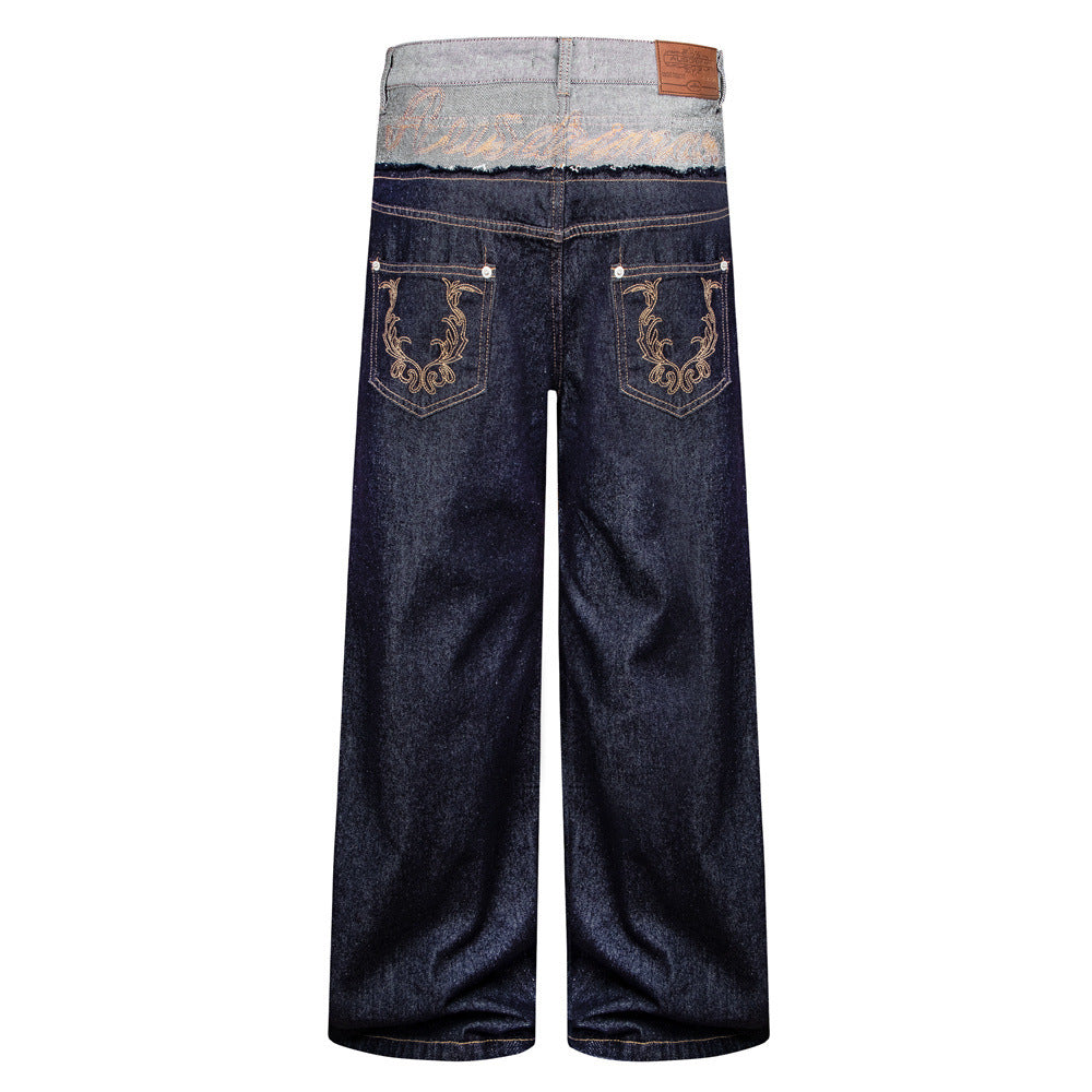 Jean homme coupe ample – Denim brut à double ceinture avec empiècements effilochés &
