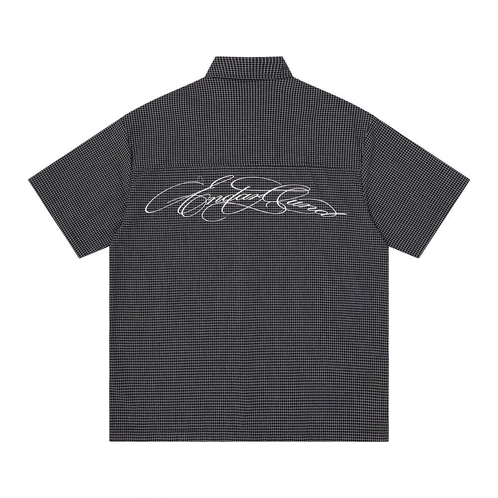 American Casual Plaid Short Sleeve Shirt with Script Embroidery