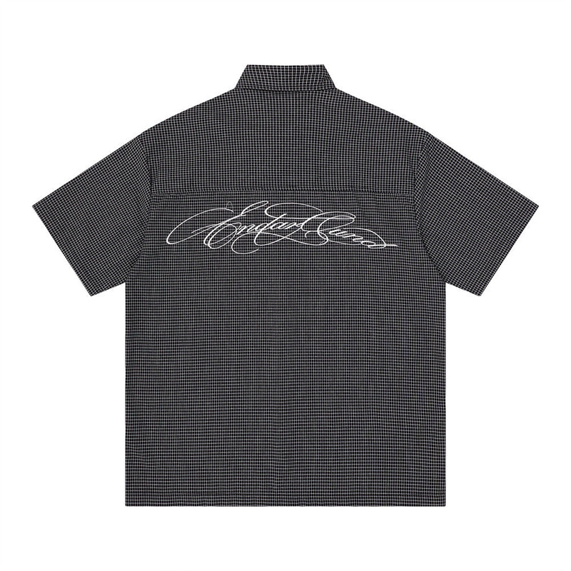 American Casual Plaid Short Sleeve Shirt with Script Embroidery